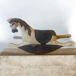 Vintage Handcrafted Wood Rocking Horse Folk Art Country Farmhouse Decor 13”x7”